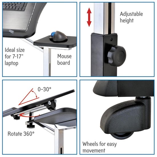 Table ergonomique réglable pour ordinateur portable Tatkraft JOY sur roulettes – Noir