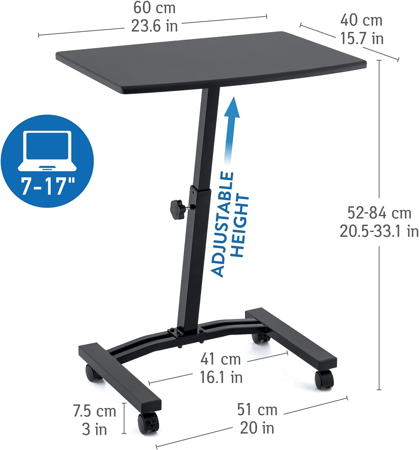 TATKRAFT Dream - Bureau mobile réglable pour ordinateur portable avec roulettes verrouillables