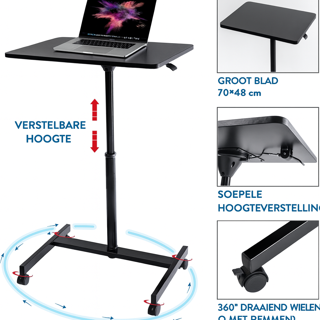 Tatkraft Focus – Ergonomische Laptoptafel op Wielen, Verstelbaar & Mobiel