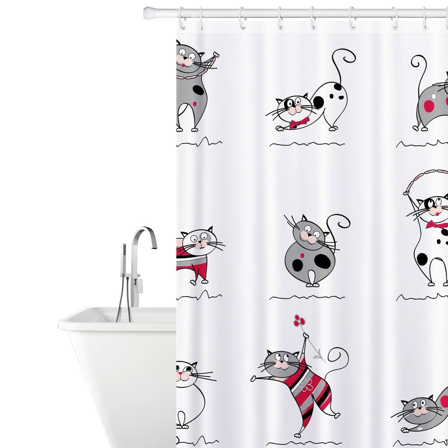 Tatkraft Funny cat - Douchegordijn, polyester stof, badkamergordijn met 12 gordijnringen, 180 x 180 cm