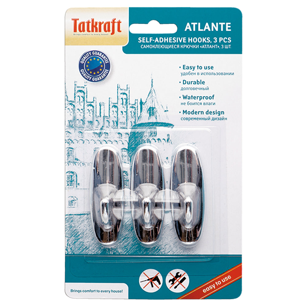 Tatkraft ATLANTE - 3 delige Set zelfklevende handdoekhouders voor badkamer/keuken, Chroomgekleurd, 6