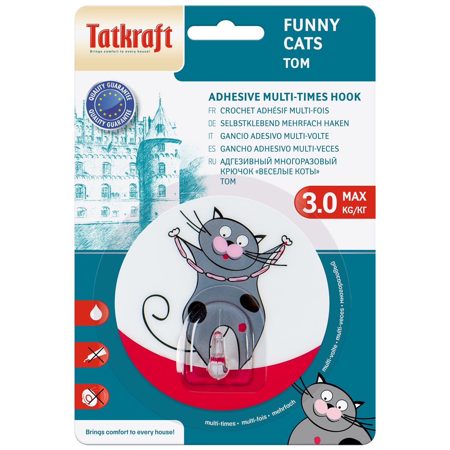 Tatkraft FUNNY CATS TOM - Grappige zelfklevende haak voor badkamer en kinderkamer.