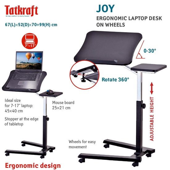 Tatkraft JOY Ergonomische Verstelbare Laptoptafel op Wielen - Zwart