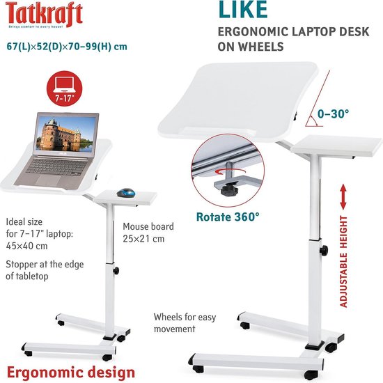 Tatkraft LIKE Ergonomische Laptoptafel Tatkraft LIKE - Verstelbaar op Wielen - Wit