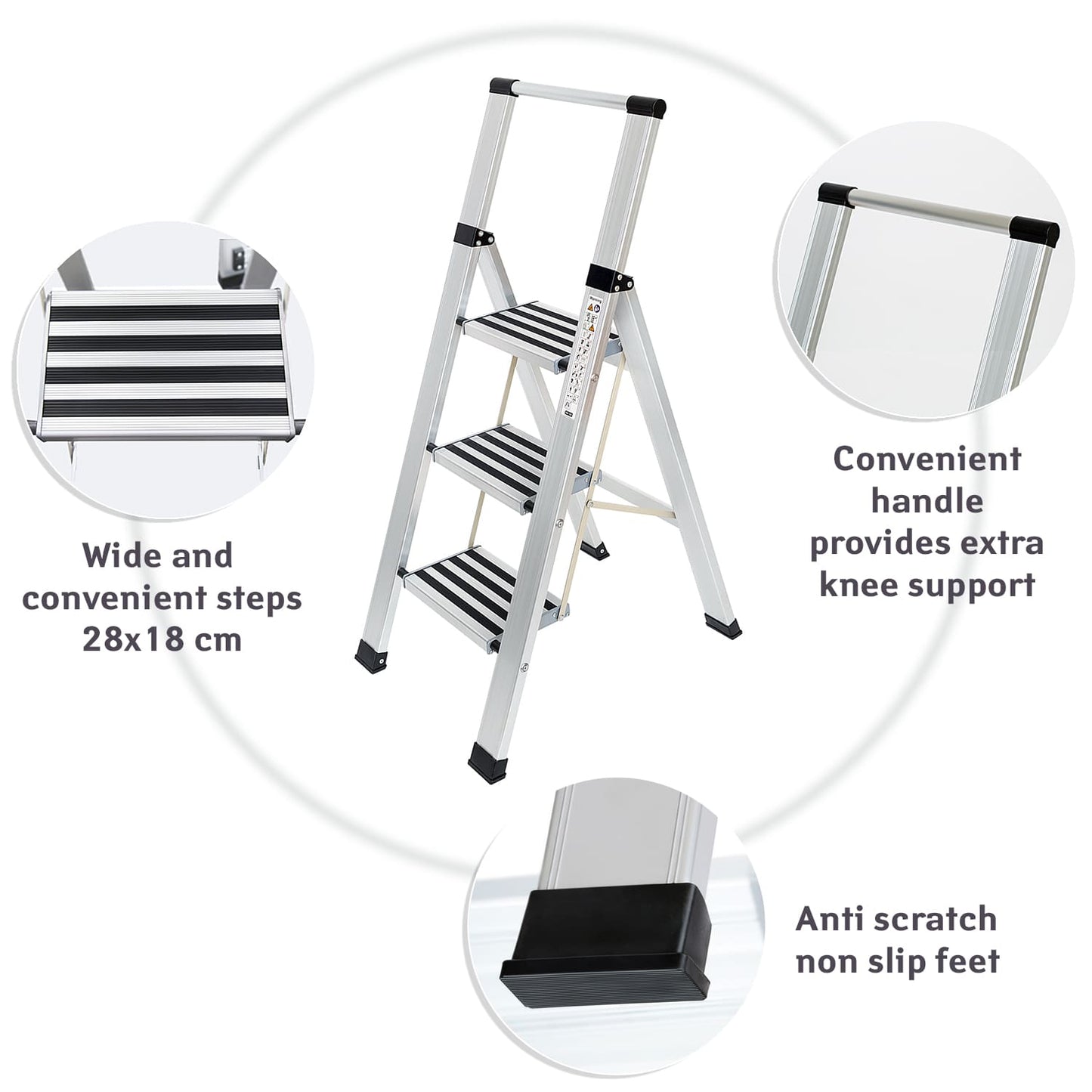 Tatkraft ADAMANT - Aluminium 3 Staps opvouwbare ladder, Anti-Slip, Draagkracht tot 150 kg, SGS gecertificeerd voor kwaliteit en veiligheid, 4