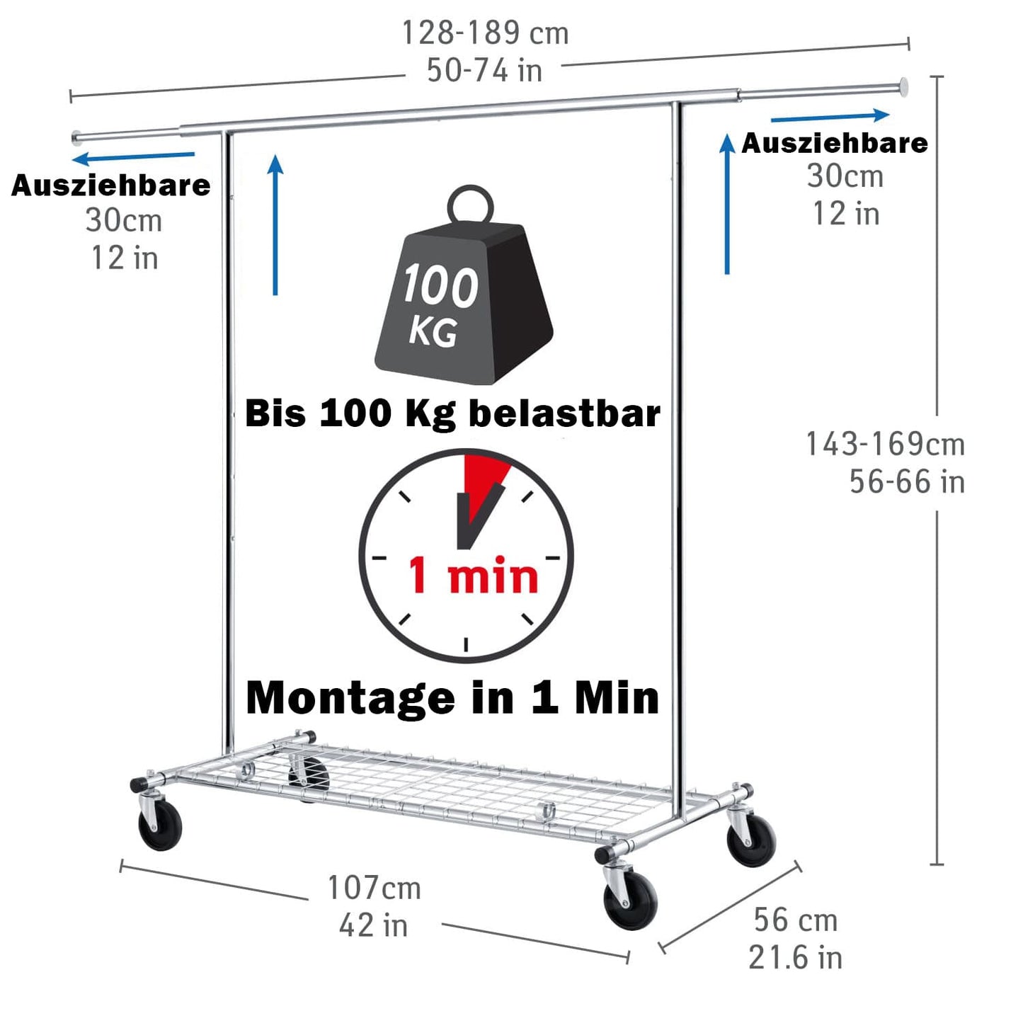 Tatkraft DUNCAN - Kledingrek voor zware belasting, 100 kg, met schoenenrek, verstelbare lengte 128-189 cm en hoogte 143-169 cm, 1