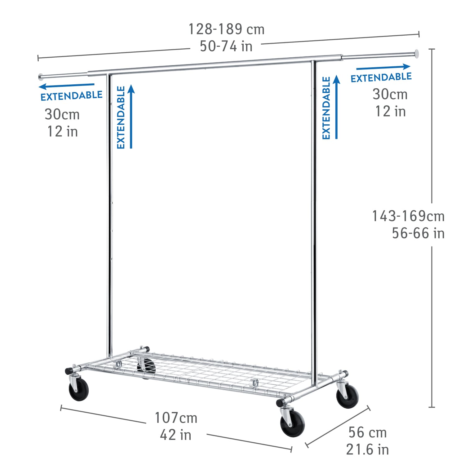 Tatkraft DUNCAN - Kledingrek voor zware belasting, 100 kg, met schoenenrek, verstelbare lengte 128-189 cm en hoogte 143-169 cm, 7