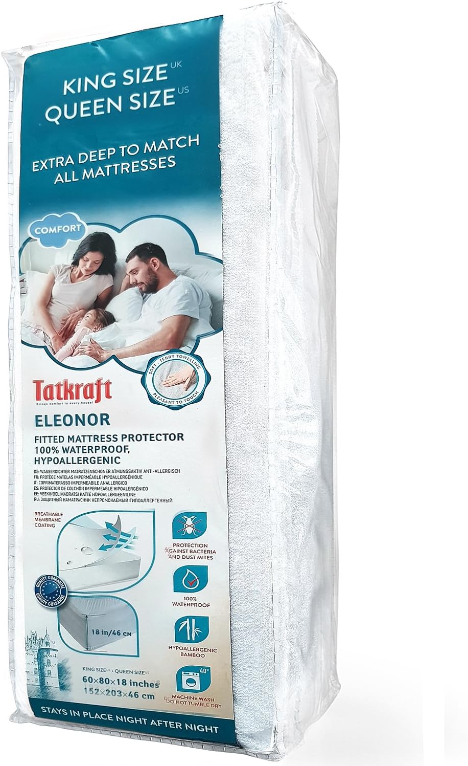 Tatkraft ELEONOR - Waterdichte matrasbeschermer King Size - Ademend, Hypoallergeen, Anti-mijt, Anti-bacterieel, Biologisch Badstof, Zacht Bamboe (150 X 200 X 46 cm), 1