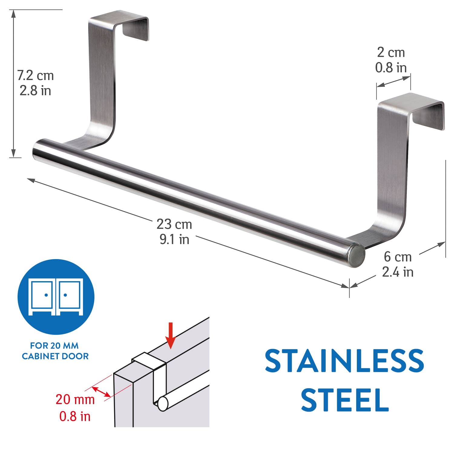 Tatkraft HORIZON - 2 Pack RVS Kastdeur Handdoekrek voor de keukenkast of een andere deur - 23CM - Set Van 2 Stuks, 3