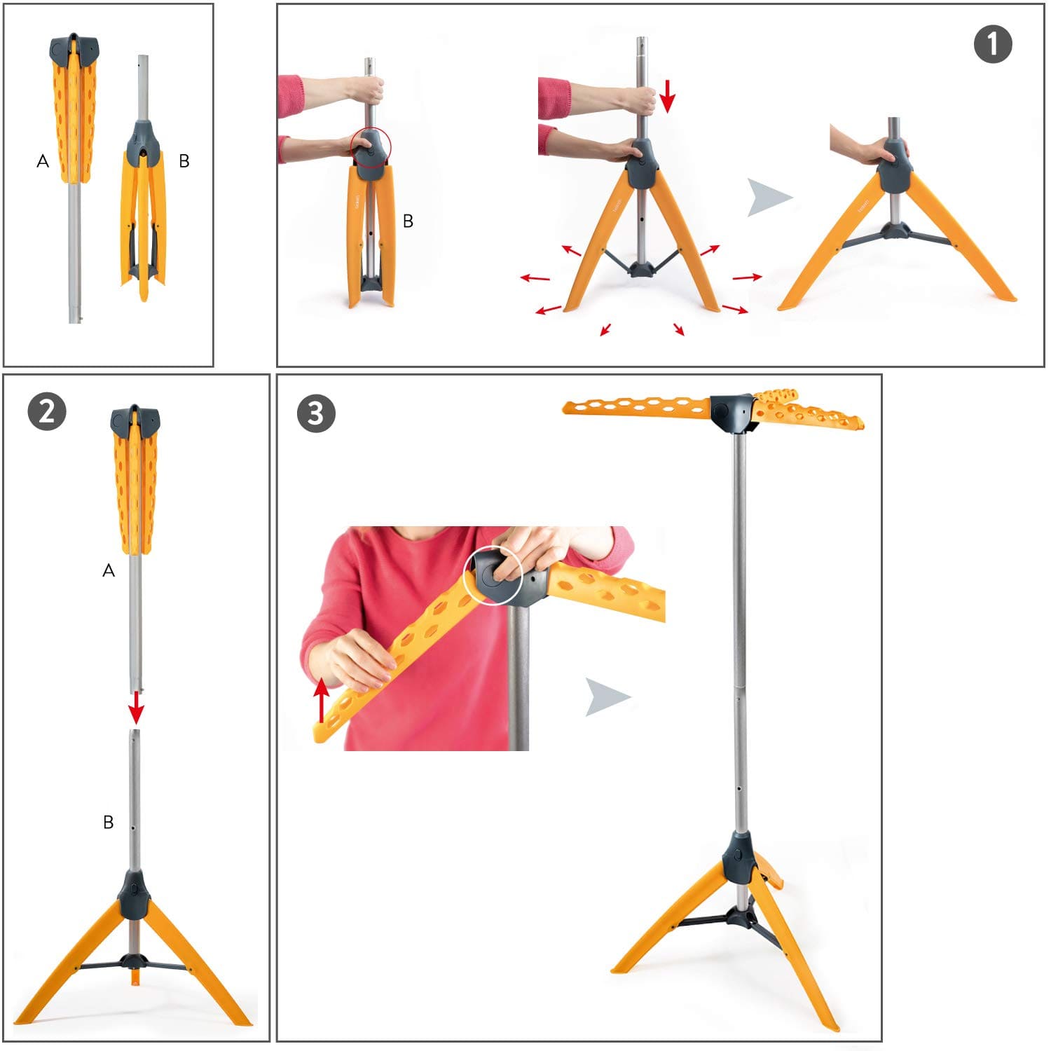 Tatkraft PALM - Strijkwasrek, droogmolen voor camping, roestvrij staal, compact opvouwbaar, oranje, 7