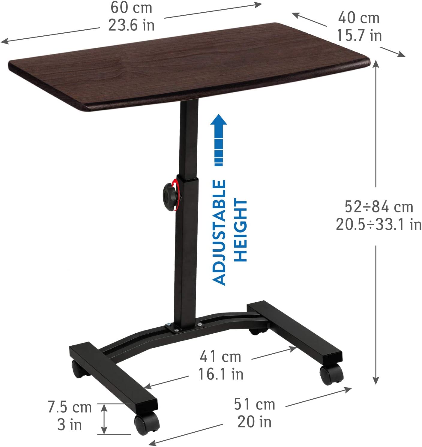 Tatkraft SALUTE - Laptoptafel op wieltjes, in hoogte verstelbaar, mooi goede kwaliteit bijzettafel, tafelblad 60 x 40 cm, 4