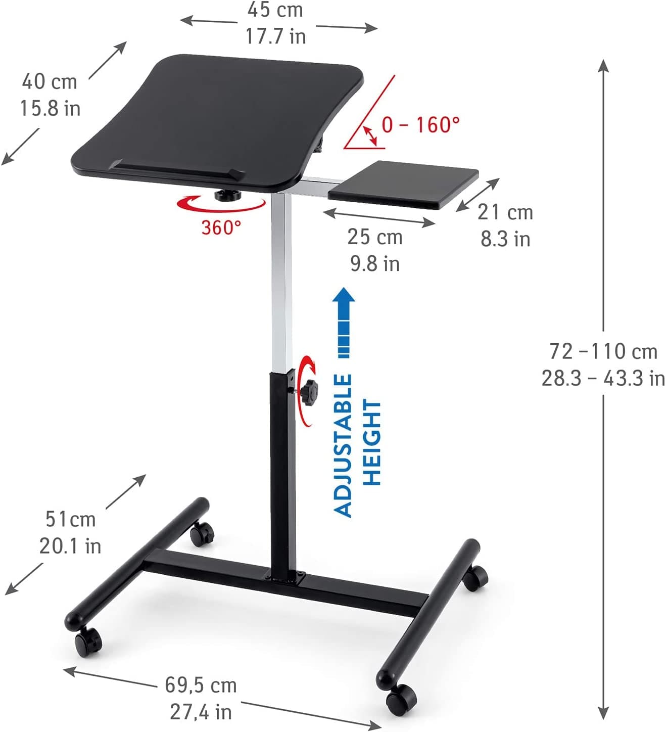 Tatkraft VANESSA - Laptoptafel, in hoogte verstelbaar, met muisplank, staand bureau met wieltjes, zwart, 2