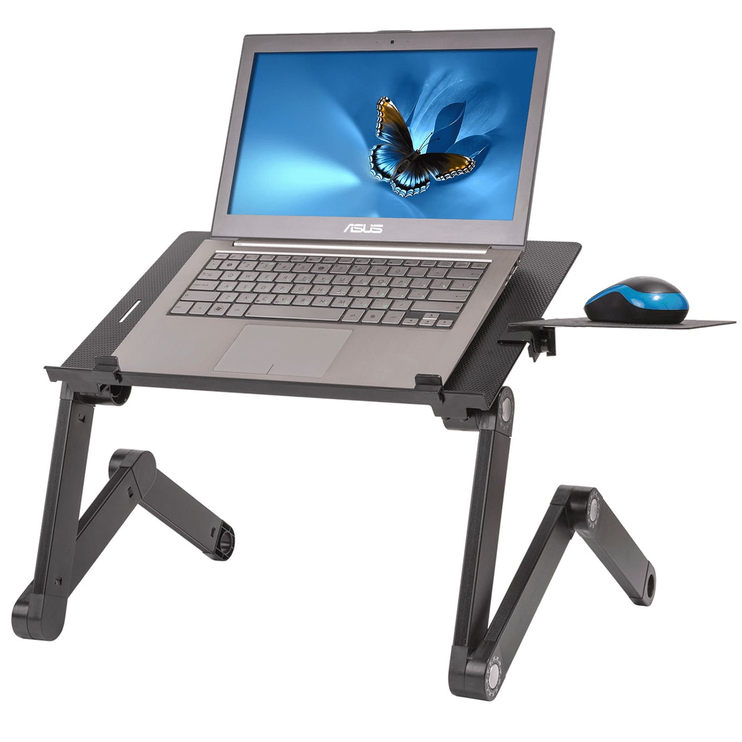 Laptopstandaard, inklapbaar, in hoogte verstelbaar, laptopstandaard voor bed, muisplank, 2 USB-ventilatoren, aluminium