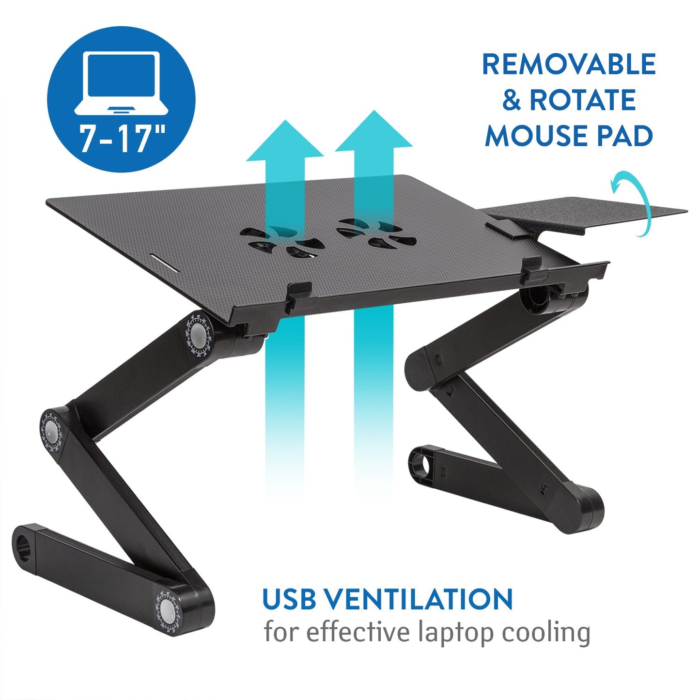 WonderWorker EINSTEIN - Laptopstandaard, inklapbaar, in hoogte verstelbaar, laptopstandaard voor bed, muisplank, 2 USB-ventilatorenzwart, 1