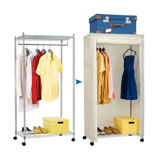 Garderobekast op wielen, heavy-duty kledingrek met 2 planken, hangende organizer voor kleding, art moon BUFFALO & cover, 5