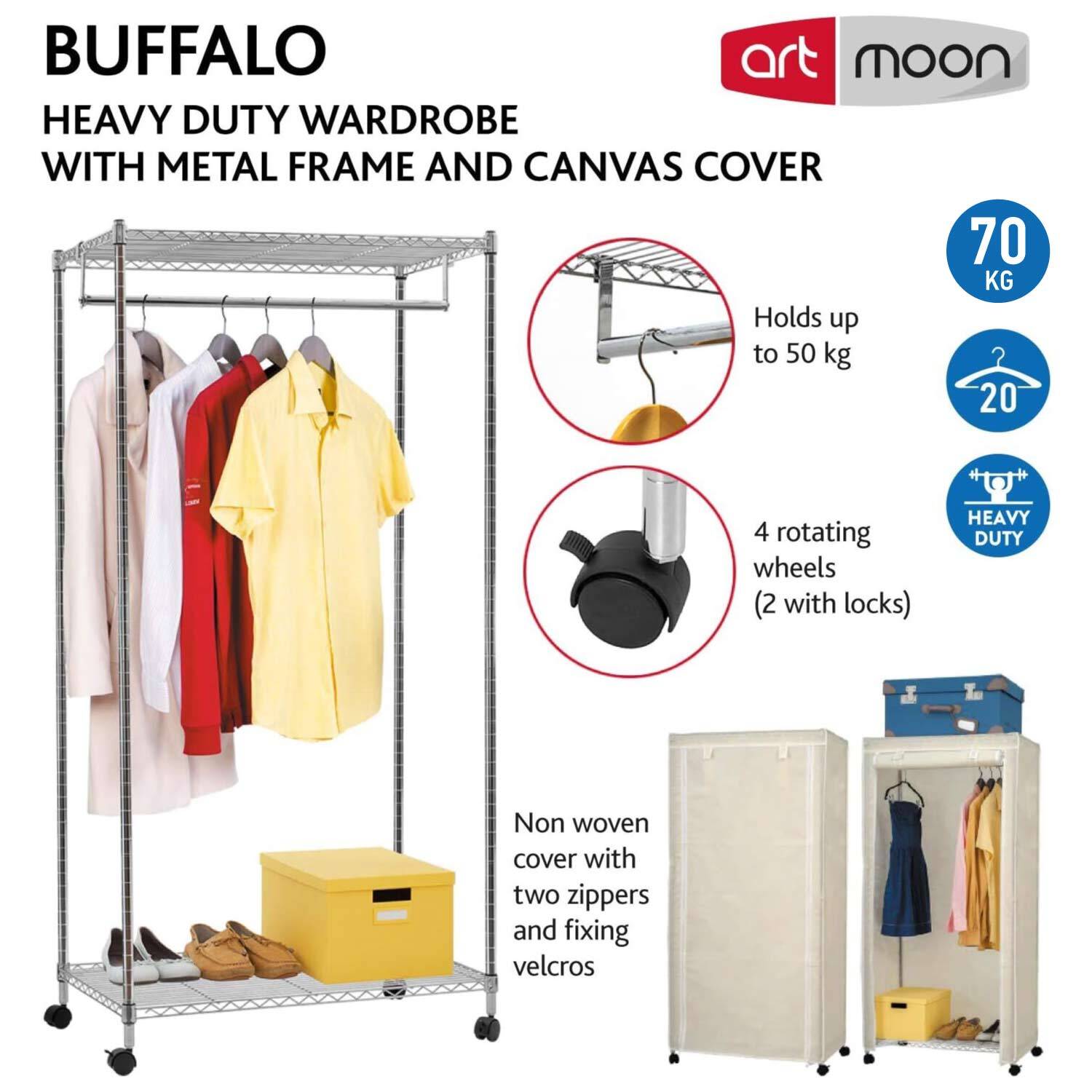 Garderobekast op wielen, heavy-duty kledingrek met 2 planken, hangende organizer voor kleding, art moon BUFFALO & cover, 3