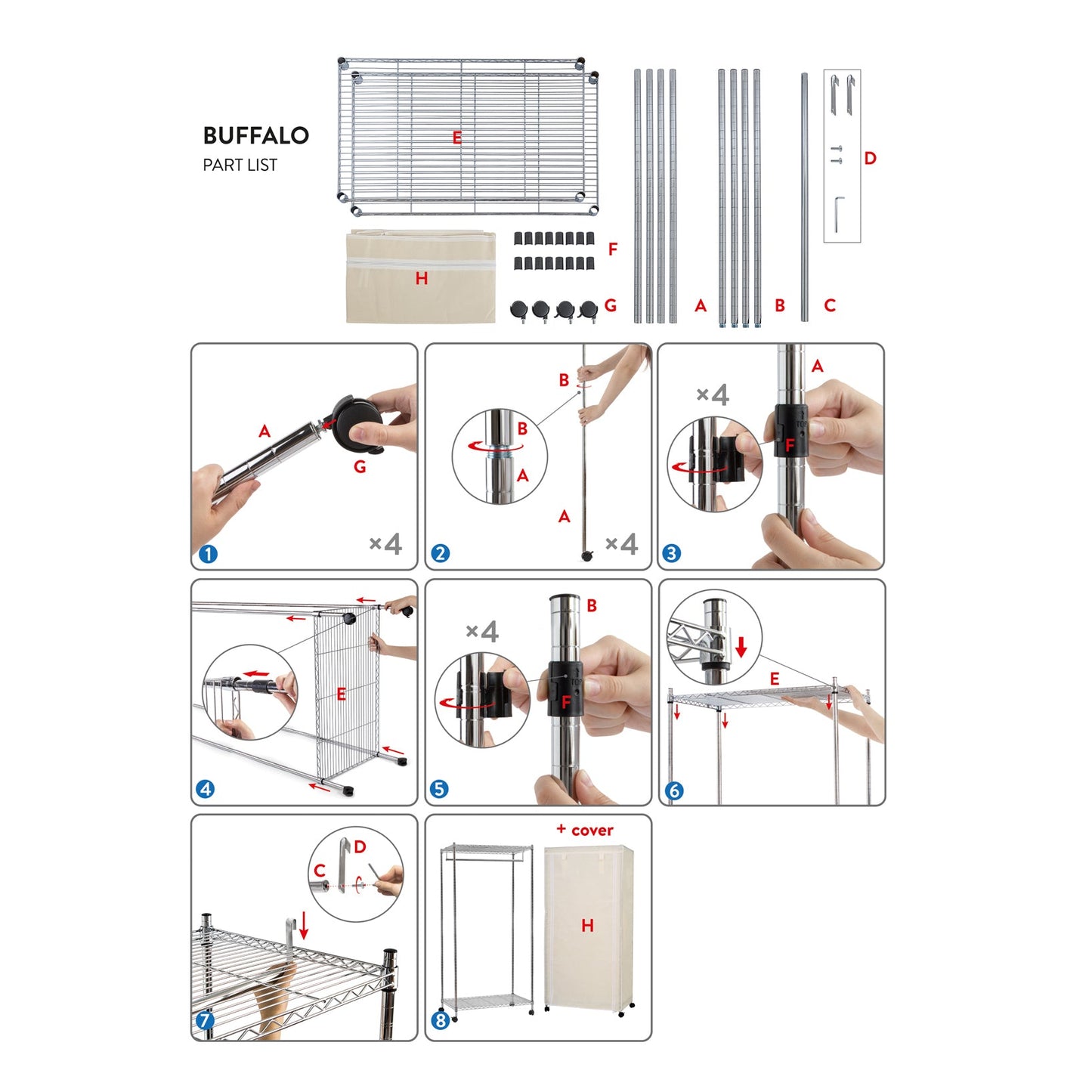 Garderobekast op wielen, heavy-duty kledingrek met 2 planken, hangende organizer voor kleding, art moon BUFFALO & cover, 1