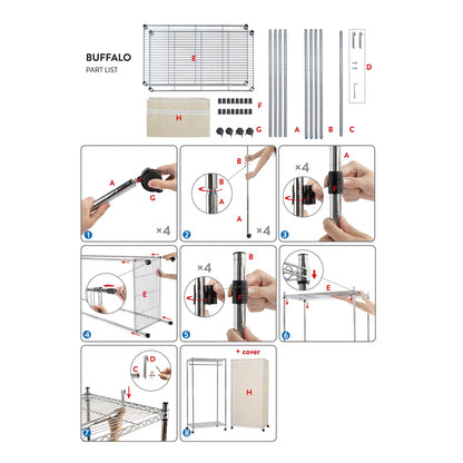 Garderobekast op wielen, heavy-duty kledingrek met 2 planken, hangende organizer voor kleding, art moon BUFFALO & cover, 1